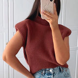 Purpdrank  Turtleneck Sleeveless Vest Sweater Women With Shoulder Pads Knitted Pullover Autumn Winter Jumper Casual Tops Fashion