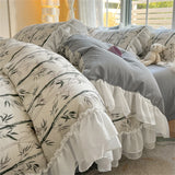 Purpdrank  Skin Friendly Printed Bedding Set With Lace Duvet Cover Bed Sheet Pillowcases A-Class Four Piece Set Bedroom Decor Home Textiles