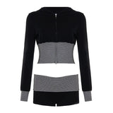Purpdrank  Women Casual Striped Color Block 2-Piece Set Zip Up Long Sleeve Crop Hoodie & Shorts Matching Suits Streetwear Tracksuit
