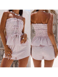 Purpdrank  Women s 2-Piece Pajama Set with Striped Tie-Up Front Tube Top and Shorts - Comfortable Loungewear Sleepwear Outfit