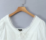 Purpdrank  Sexy Corset White Ruched Chest Spliced Lace V Collar Short Puff Sleeve Shirt Women Drawstring Tie Bow Center Buttons Crop Tops