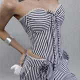 Purpdrank  y2k Tube Top Women Summer Striped Lace Trim Off Shoulder Strapless Open Back Cross Tie-Up T Shirt Vest 2000s Streetwear