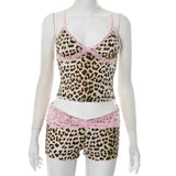 Purpdrank  Sexy Leopard Two Piece Women Sweet Lace Short Sets Summer Fashion Spaghetti Straps Cropped Top and Micro Shorts Outfits Y2K