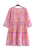 Purpdrank  BOHO V neck Flower Print Single-Breasted Buttons Mini Dress Woman Spliced Ruched Pleated Short Sleeve Loose Robe Holiday