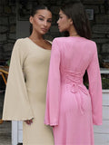 Purpdrank - Scoop Neck Lace-Up Ribbed Maxi Dress Female Long Sleeve Fashion Slim Loose Bandage Dress Autumn 2023 Solid Women Dress New