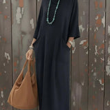 Purpdrank  Spring Fashion Women's Comfortable High Collar Loose Knitted Long Sleeve Dress with Pocket Straight Cut Maxi Dress