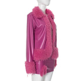 Purpdrank  Sexy Faux Leather Two Piece Women Furry Winter Outfit 2025 Fashion Faux Fur Collar Cardigans Coat and Micro Skirts Matching Sets