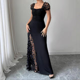 Purpdrank   Women's Formal Maxi Dress Square Neck Floral Sheer Long Sleeve Ruched Split Evening Gown