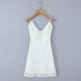 Purpdrank  Sexy White Jacquard Weave Floral Bow V neck Spliced Lace Sling Dress Women Slim Waist Chiffon Mini Dresses Party Robe