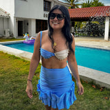 Purpdrank  New 3Pcs Pearl Bikini Sexy Swimsuit Women Swimwear Female Floral Biquini Mini Skirt Push Up Bathing Suits Bodysuit Beachwear