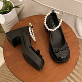 Purpdrank  Elegant Pearls Chain High Heels Mary Jane Shoes Women 2025 Bowknot Thick Heel Pumps Woman Round Neck Patent Leather Party Shoes