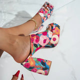 Purpdrank  Fashion Flower Print Chunky Heel Sandals Women Outdoor Party Super High Heels Slippers Woman Square Toe Platform Sandles 36-42