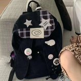 Purpdrank  Checkered Backpack Women Y2k Large Capacity Soft Canvas Black Gray Covered Type Drawstring Drawstring Travel Commuting Backpack
