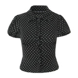 Purpdrank  Summer Vintage Black with White Polka Dot Print Laple Short Puff Sleeve Shirt Women Slim Waist Elastic Back Blouse Tank Top