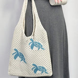 Purpdrank  Casual Cartoon Turtle Knitting Shoulder Bag Hollow Large Capacity Beach Bag Knitted Beige Brown Underarm Bag Vacation