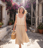 Purpdrank  Creamy Lace Ruffled Layered Strappy Top Women Blouses Vintage Sleeveless O Neck Cropped Camisole Boho Beach Sheer Tanks Tops