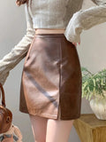 Purpdrank  Black Pu Leather Mini Skirt Women Korean Fashion Casual Vintage Split Bodycon Skirts Female Autumn Winter High Waist Short Saia