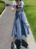 Purpdrank  Korean Women Denim Skirts Elastic High Waist A Line Jeans Long Skirts Blue Plus Size Cotton Female Skirts New 5Xl