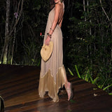 Purpdrank  Tassel Patchwork Irregular Long Dress 2026 Women Elegant Hanging Neck Solid Color Robe Dress Summer Off Shoulder Party Dresses