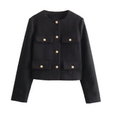 Purpdrank  Women's Clothing Spring Autumn Bomber Jacket New Crop Tops Round Neck Multiple Pockets Coat Single Breasted Long Sleeves Blazer