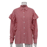 Purpdrank  Fashion Plaid Cotton Women Shirt Blouse Casual Lapel Long Sleeve Shirts Elegant Classic Ruffle Top Female Clothing