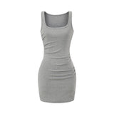 Purpdrank  Sexy U Collar Rib Knitted Cotton Short Tank Dress Women Ruched Waist Sleeveless Stretch Basic Package Hips Robe Vestido