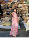Purpdrank  Vintage Floral Printed French Sleeveless Fairy Dress Holiday Beach Female Lace-up Boho Dress Casual Street Ruffles Party Dress