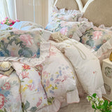 Purpdrank  100% Cotton Korean Princess Style Flowers Prints Lace Ruffles Bedding Set Duvet Cover 1.2M/1.5M/1.8M/2M Bed Skirt Pillowcases