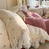 Purpdrank  Skin Friendly Printed Bedding Set With Lace Duvet Cover Bed Sheet Pillowcases A-Class Four Piece Set Bedroom Decor Home Textiles