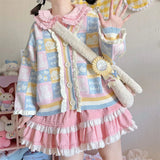 Purpdrank  Sweet Cute Lace Knitted Open Cardigan Spring Autumn Loose Cartoon Print Casual Sweater Fresh Style V-neck Long Sleeve Sweater