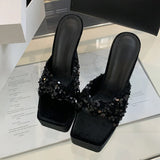 Purpdrank  Street Women Sexy Square Toe Super High Heels Modern Slippers Fish Scales Pleated Narrow Band Platform Sandal Female Shoes