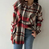 Purpdrank  Vintage Long Sleeves Pocket Blouses Collared Casual Tops 2025 Plaid Shirts for Women Spring Autumn Ruffle Button Down Shirts