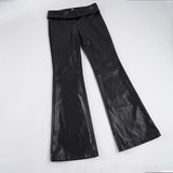 Purpdrank  Basic Solid Pu Leather Flare Pants Casual Slim Folds Low-Waisted Wide Leg Pants Women Autumn Spring Streetwear Office Lady