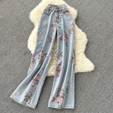 Purpdrank - Women Sweet Korean Pink Sweet 3 Pieces Set For Women Knitted Sling Vest +sunscreen+floral Print Wide Leg Denim Long Pants Suits