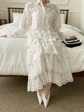 Purpdrank  Luxury Women's Blouse Set and Skirt Flower Hollow Hook Lace Shirt+High Waist Cake Skirt Set New Collection White Dress Set