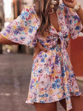 Purpdrank  Elegant V-neck Short Sleeve Vacation Rompers Lady High Waist Loose Playsuits Bohemian Style Pattern Printed Lace Up Jumpsuits