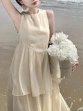 Purpdrank  Korean Fashion Beach Vacation Loose Two Piece Women's Sleeveless Tank Top Dress New Apricot Women Casual Beach Dress Summer