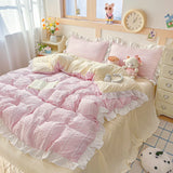 Purpdrank  Princess Style Bedding Sets 2025 Ruffle Lace Quilt Cover Romantic Pink Bed Sheet Sets Woman Girls Bedroom Duvet Cover Set 4pcs