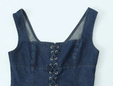 Purpdrank  Sexy Square Collar Blue Denim Camis Sexy Corset Women Front Cross Lacing up Bandage Bow Tank Tops Back Zipper Slim Crop Top