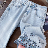 Purpdrank  Fashion Diamonds Rivet Jeans for Women Trendy Hollow Out Embroidery Flared Denim Pants Ankle-length Blue Jeans Slim Trousers