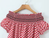 Purpdrank  Romantic Red Plaid Wood ears Ruffles Spliced Slash Shoulder Short Sleeve Dress Women Ruffles Hem Loose Mini Dresses Vestidos