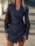 Purpdrank  Chic Blue & White Striped Shirt Dress Women Fashion Turn Down Collar Long Sleeve Pleats Slim Asymmetrical Hem Mini Dress