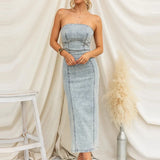 Purpdrank  Summer Sexy Off Shoulder Women's Party Dress Elegant Solid Color Slim Fit Long Dresses Fashion Strapless High Waist Denim Dress