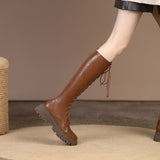 Purpdrank - 2023 New Genuine Leather Lace-up Boots Women Zip Fashion Knee High Boots Thick Fur Winter Warm Motorcycle Boots Platform Boots