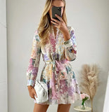 Purpdrank  Beach Wear High Waist Loose Vestidos Boho Floral Print Summer Dress for Women Vintage O-neck Long Sleeve Dresses