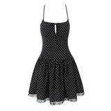 Purpdrank  Sexy Spaghetti Strap Dress for Women Summer Black Polka Dots Lace Edge A-line Slim Slip Dresses Female Bow Lace-up Beach Dress