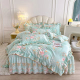 Purpdrank  100% Cotton Vintage Pastoral Style Rose Flowers Print Ruffles Bedding Set Duvet Cover Set Bow Lace Quilted Bed Skirt Pillowcases