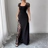 Purpdrank   Women's Formal Maxi Dress Square Neck Floral Sheer Long Sleeve Ruched Split Evening Gown