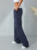 Purpdrank  Women Casual Cargo Pants Solid Deep Blue Black Patchwork Straight Leg Trousers With Multiple Pockets