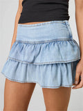 Purpdrank  Women Fashion Vintage Blue Denim Mini Skirts for Women Streetwear Grunge Aesthetic  Layered Ruffle Jeans A-line Skirts